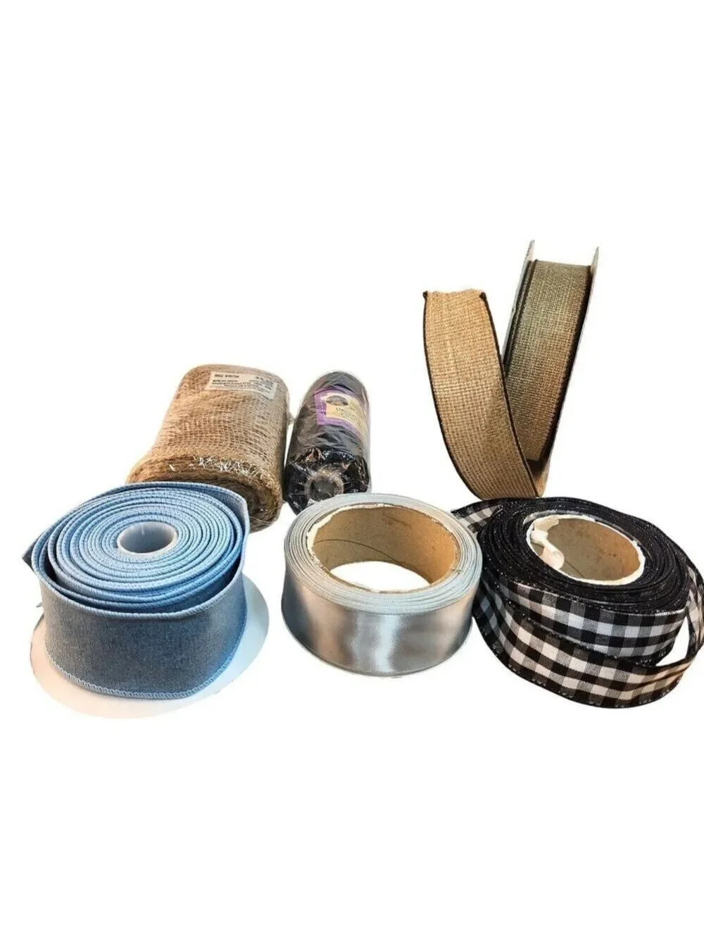 Ribbon Lot Set - Gingham Satin Burlap Denim 1.5 - 6 Inch Floral Wreath Crafting